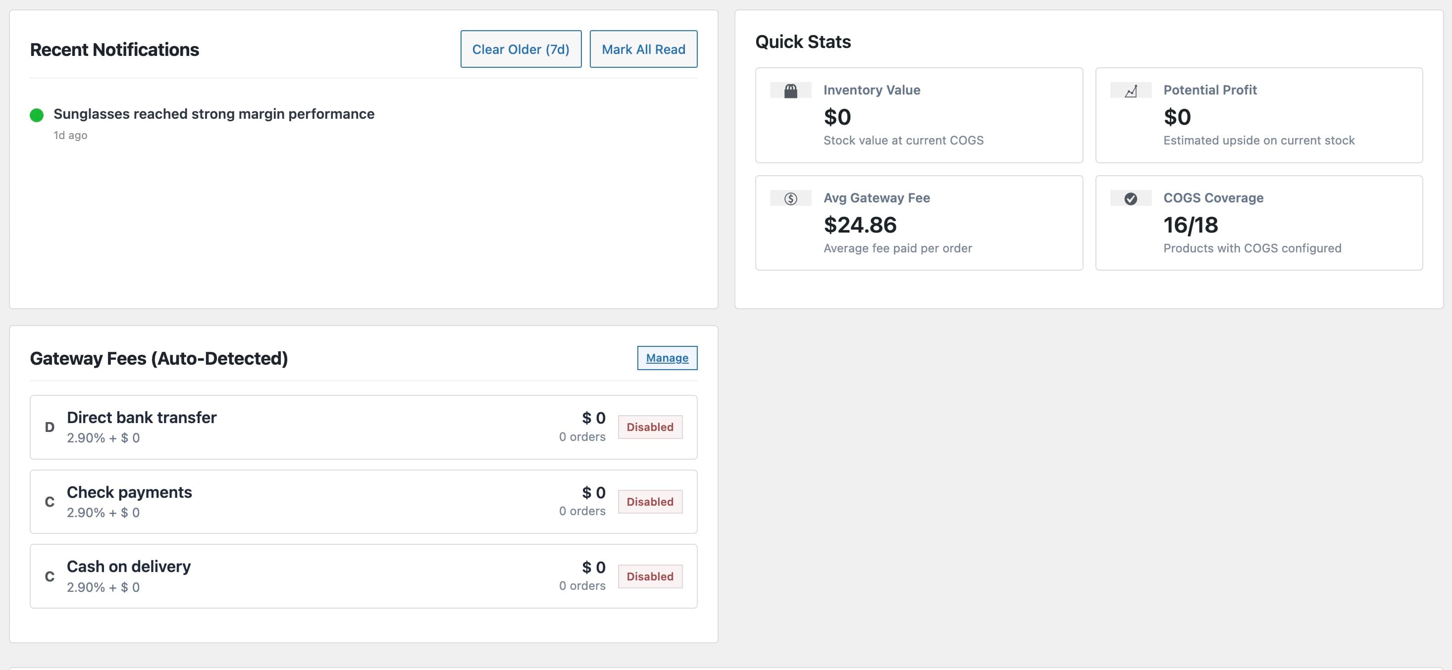 Profitrics screenshot: Margin notifications and auto-detected gateways