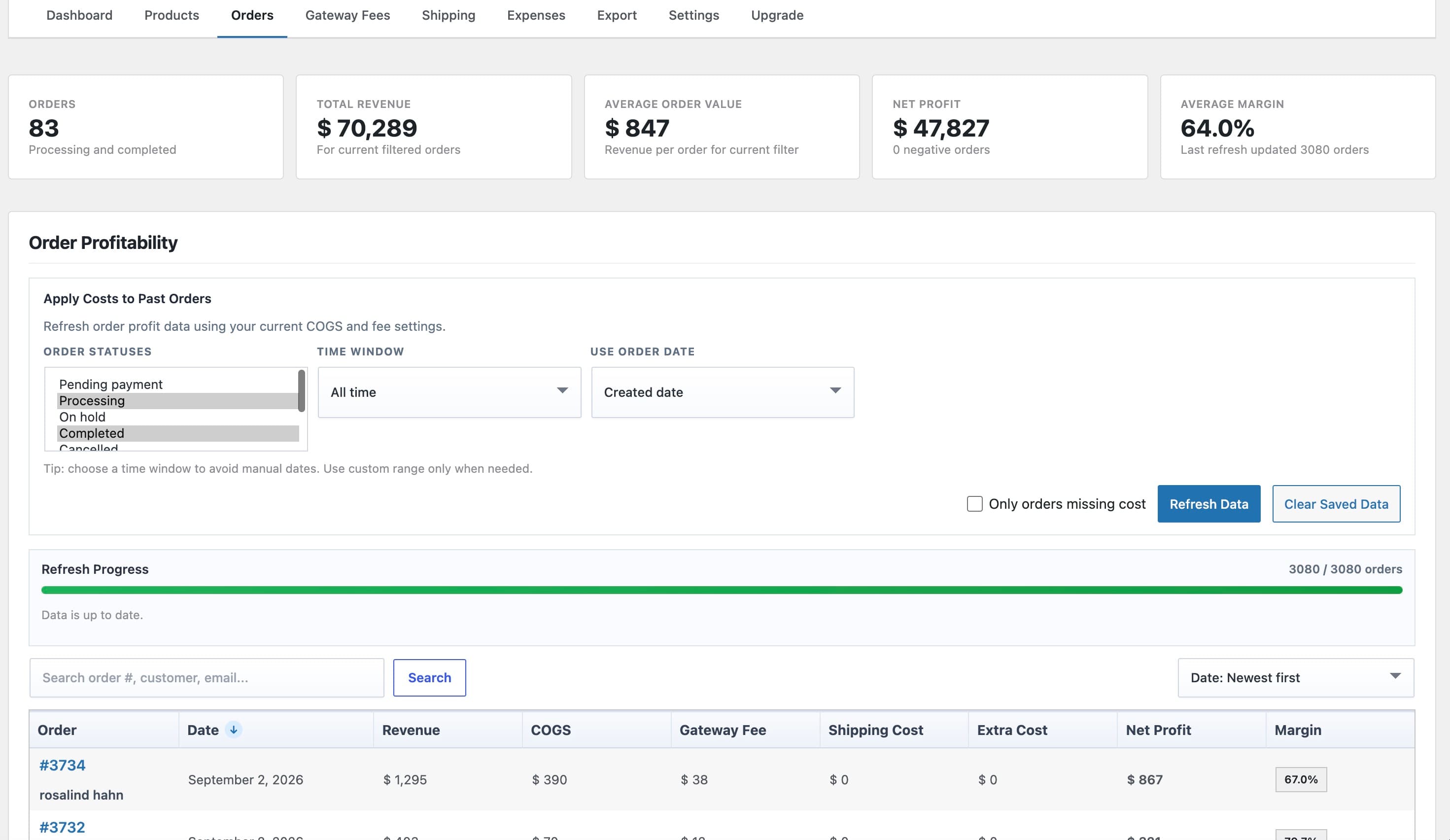 Profitrics screenshot: Order profitability, including past orders