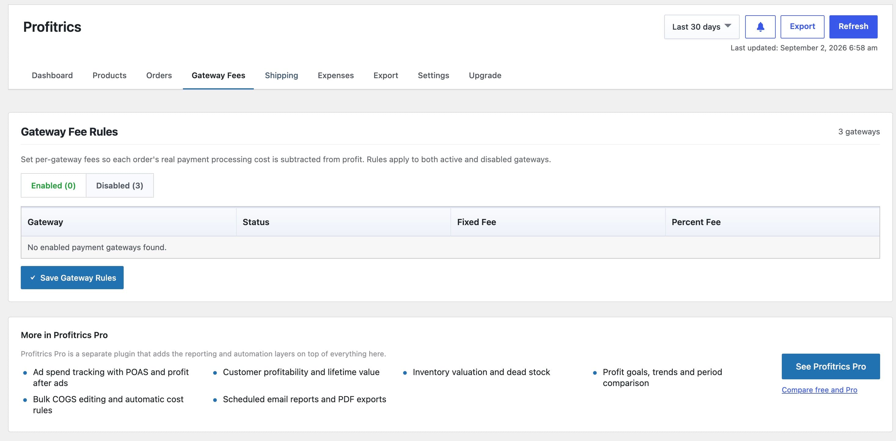 Profitrics screenshot: Per-gateway fee rules