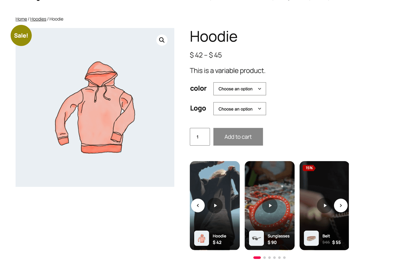 Smart Reels screenshot: Video carousel on a product page
