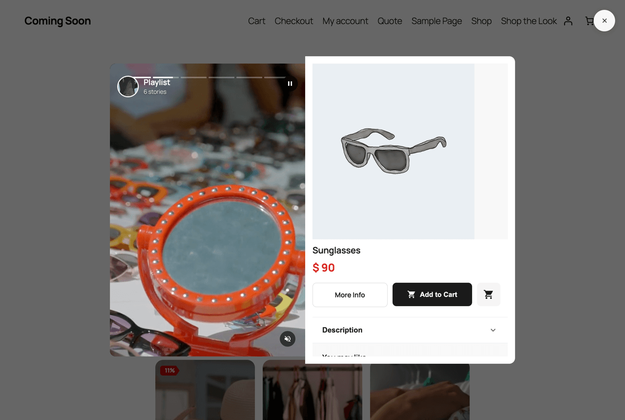 Smart Reels screenshot: Full screen player with add to cart