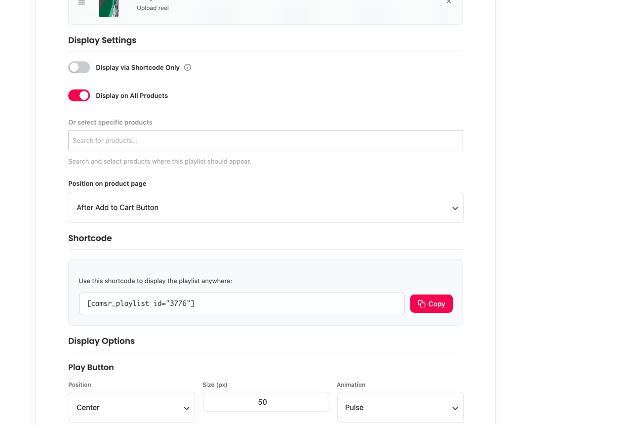Smart Reels screenshot: Display settings and shortcode