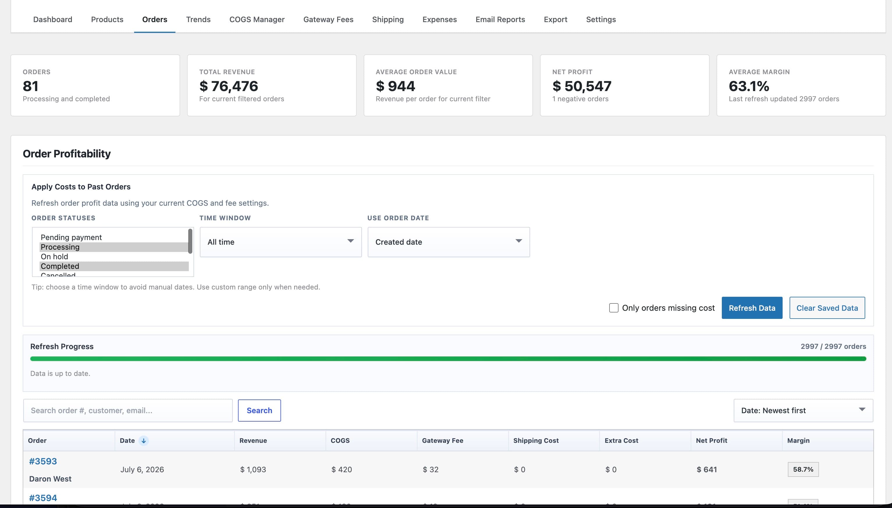 Order-level profit ledger