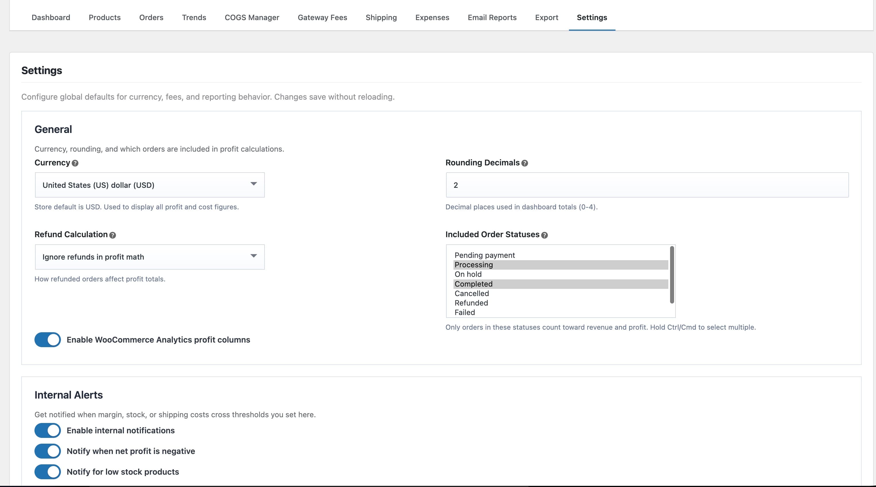 The Settings tab: General and Internal Alerts sections.